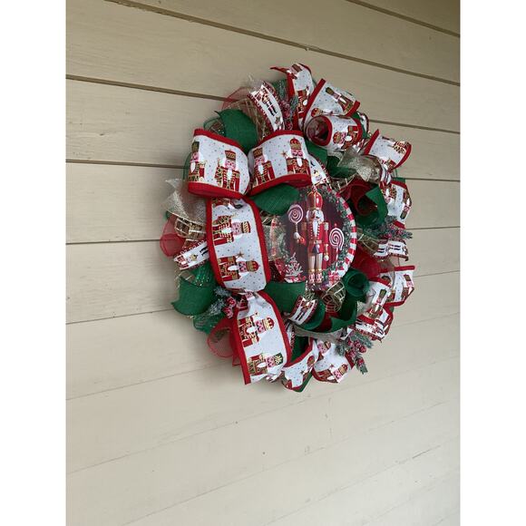 Nutcracker Christmas Deco Mesh Wreath • Red Green Holiday Door Decor - Picture 2 of 5